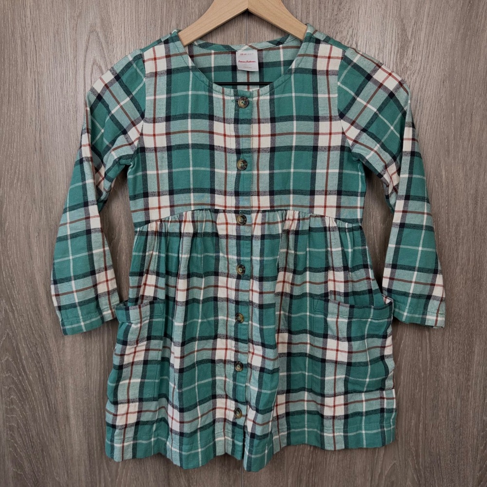Hanna Andersson Plaid Dress Girls 6-7 Teal Cotton Flannel Button Front Pockets